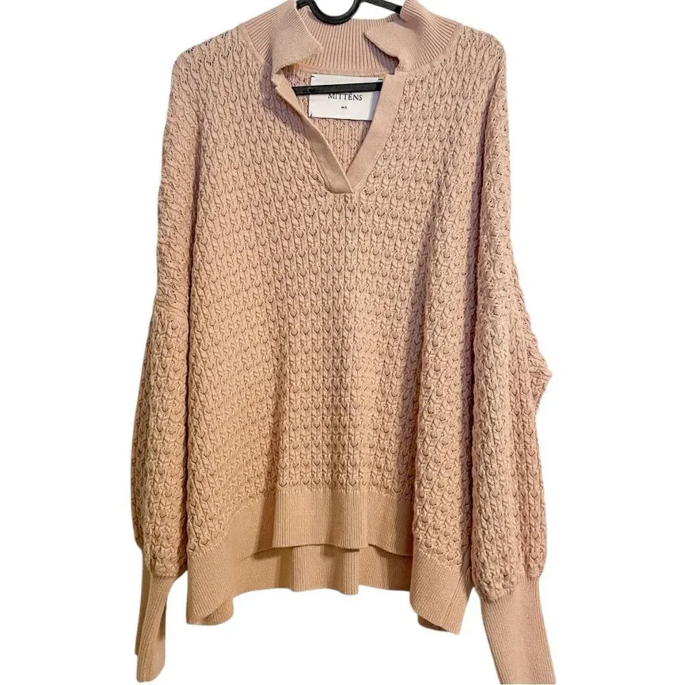 Mr Mittens Pointelle Knit Polo Sweater in Cameo Pink
